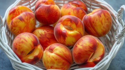 Nectarines in a light wicker basket, top view. A bright image of a fruit.