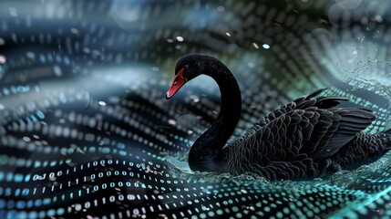 Black Swan on the background of waves of encoding. A rare and unexpected event that has a major effect. It is a metaphor used in science or economics