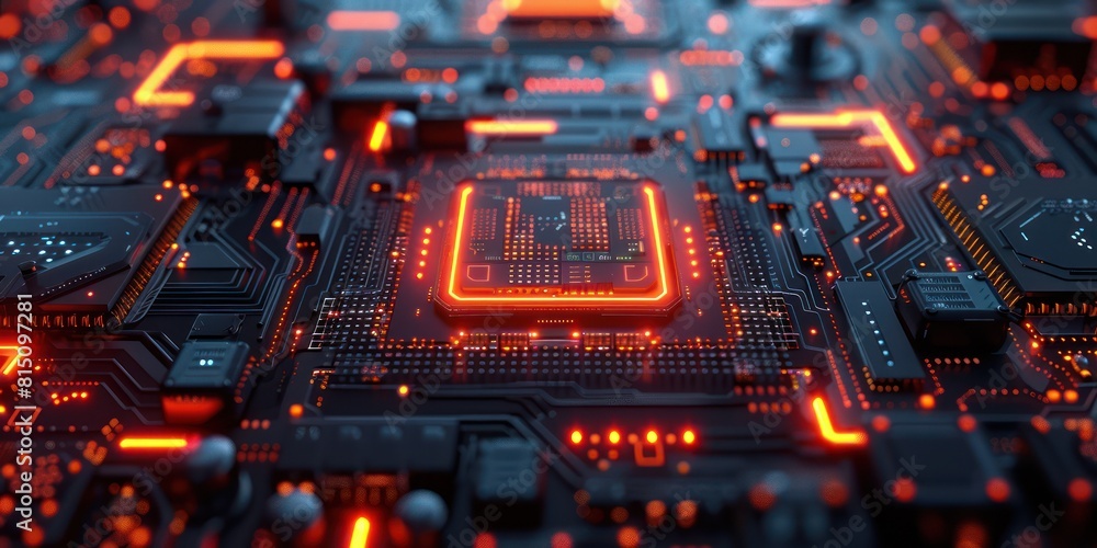 Aufkleber the image shows a close-up of a computer circuit board with glowing orange lines.