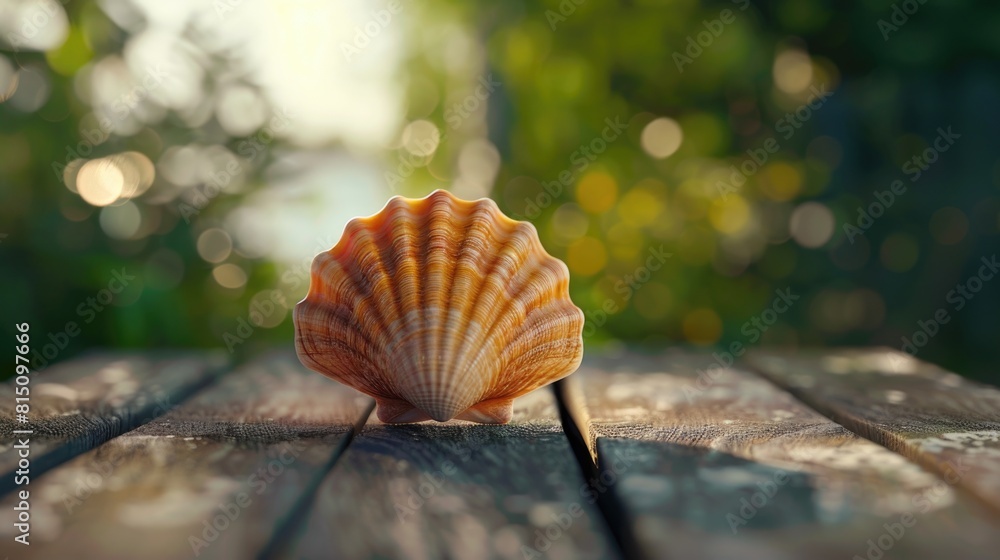 Poster close up of a shell on a wooden table, suitable for nature and beach themes