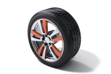 A car wheel with orange spokes on a white background. Ideal for automotive design projects