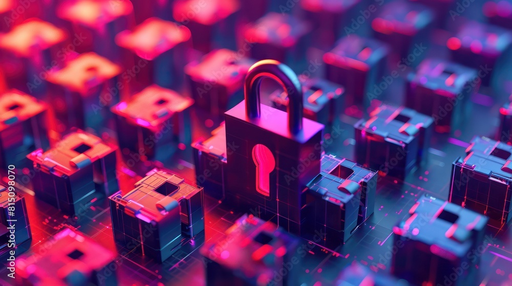 Aufkleber 3d rendering of a padlock on a glowing server rack. concept of data security, privacy and protection