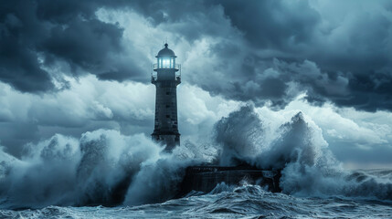A lighthouse is in the middle of a stormy sea