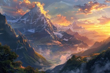 A mountain range with a sunset in the background