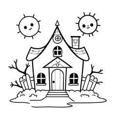 Vector illustration of a cute HauntedHouse doodle drawing for kids page