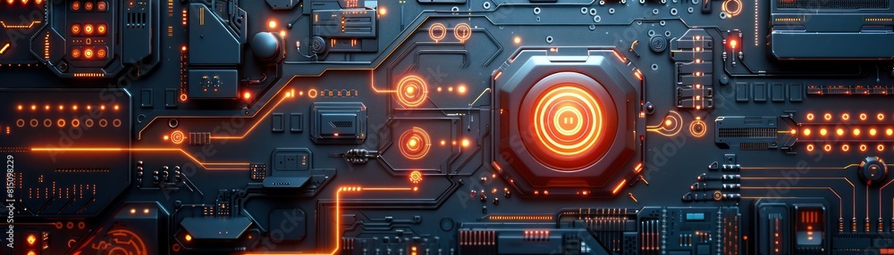 Poster a close-up of a computer circuit board with orange glowing lights.