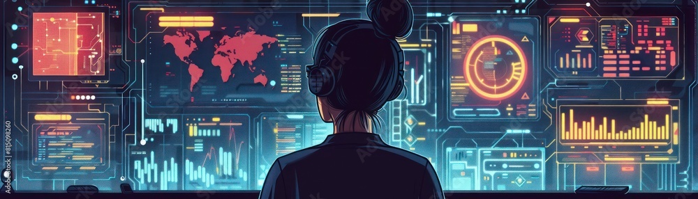 Poster a person looking at a futuristic screen with a lot of data and graphs.