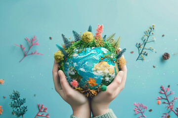 Colorful miniature world ball in the hands of a woman, concept of ecology and saving our planet.