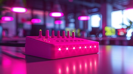 Realistic Image of a Magenta Network Switch with Flashing Lights in a Busy Office Setting, Network Connectivity Focus