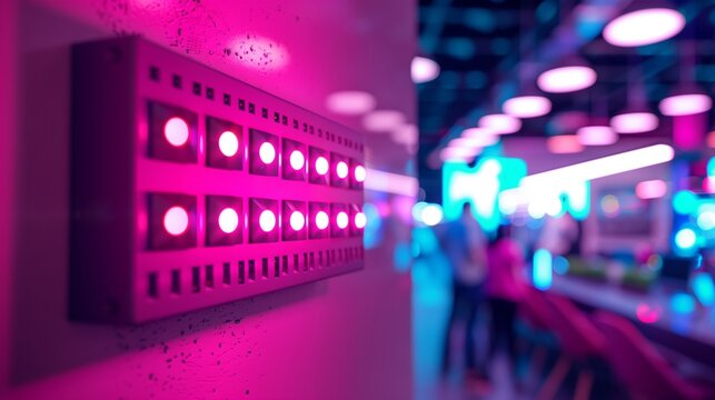 Realistic Image of a Magenta Network Switch with Flashing Lights in a Busy Office Setting, Network Connectivity Focus - Powered by Adobe