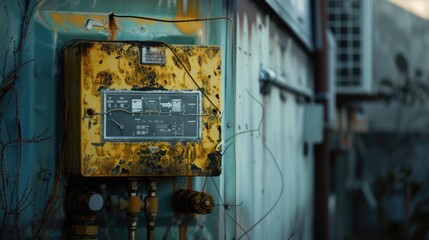 A yellow and black electrical box mounted on a wall. Suitable for industrial, construction, or maintenance concepts