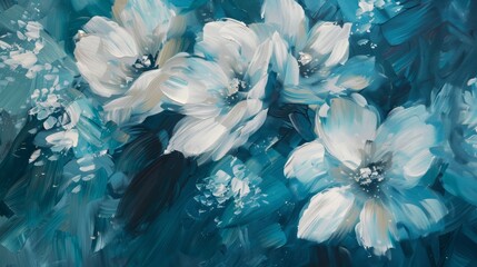 Abstract white flowers on a blue textured background. Modern art painting. Floral artwork concept