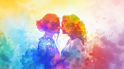 Obraz premium Joyful lesbian couple with rainbow colors painting their story of love