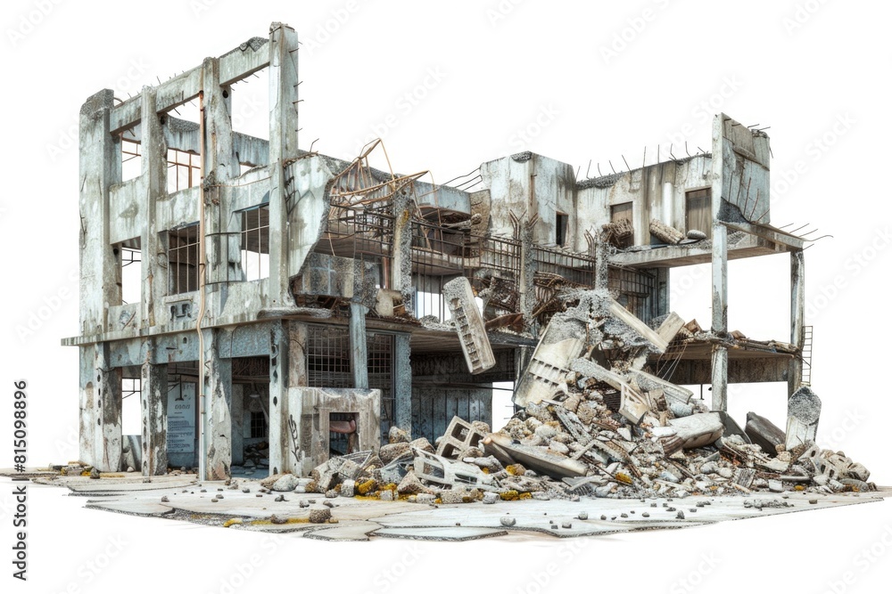 Poster A destroyed building with a pile of rubble. Suitable for post-apocalyptic themes