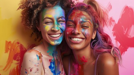 Obraz premium Joyful lesbian couple with rainbow colors painting their story of love