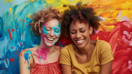 Obraz premium Joyful lesbian couple with rainbow colors painting their story of love