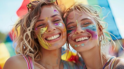Fototapeta premium Joyful lesbian couple with rainbow colors painting their story of love