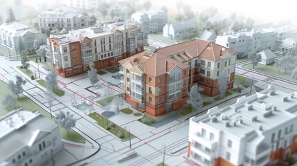 Miniature urban residential development model with detailed architectural designs and landscaping.