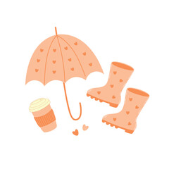 Vector set of autumn icons: umbrella, rubber boots, paper coffee cup in a modern peach fuzz color.