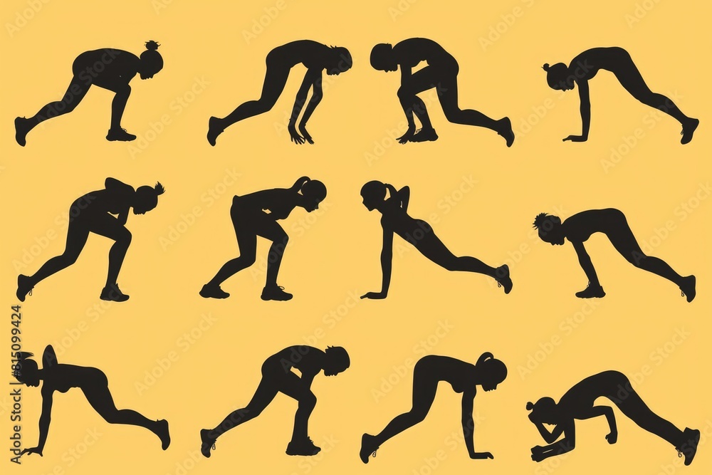 Poster collection of silhouettes showing various poses by a woman. ideal for design projects