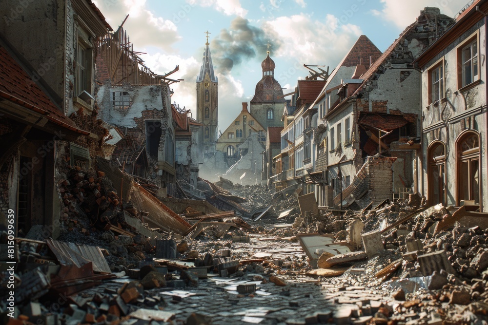 Poster A scene of a destroyed street with a clock tower in the background. Suitable for post-apocalyptic or urban decay concepts