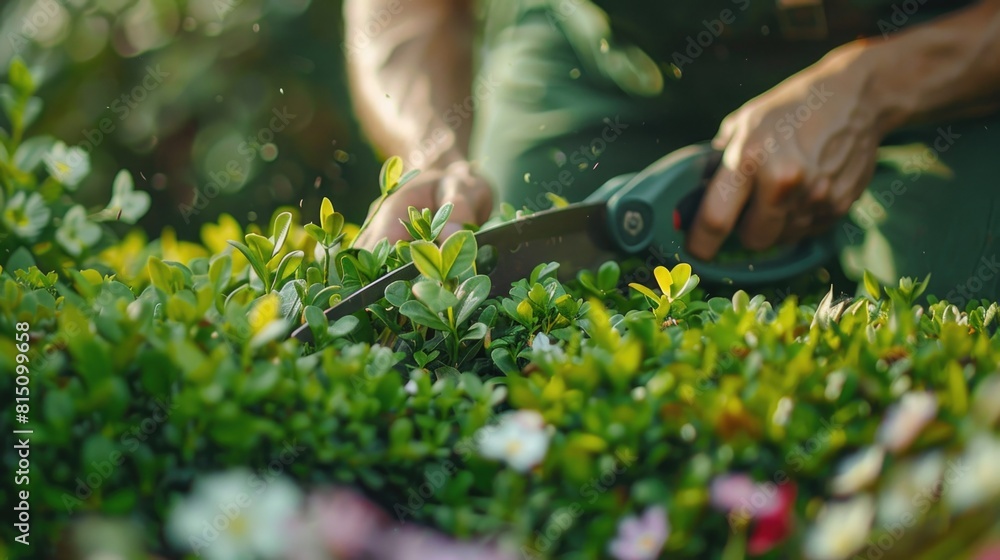 Poster a person using scissors to trim a bush. ideal for gardening and landscaping concepts