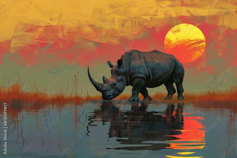 Sticker A majestic rhino quenching its thirst at sunset. Ideal for wildlife enthusiasts