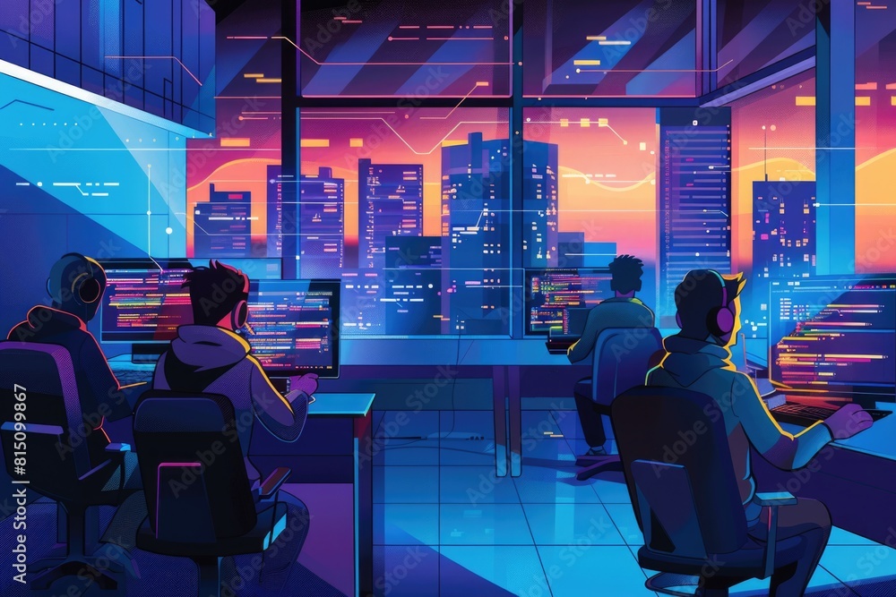 Poster a group of people sitting at a desk in front of a window. suitable for business or teamwork concepts