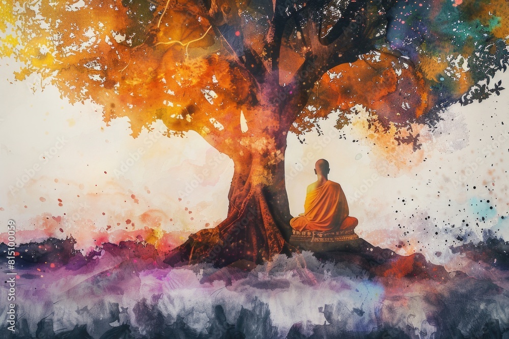 Poster a peaceful scene of a person sitting under a tree. suitable for various projects