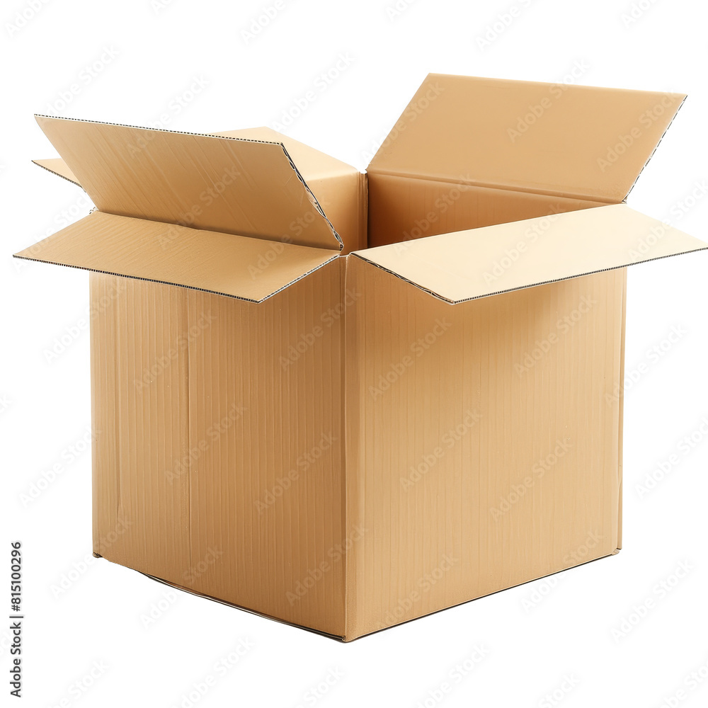 Poster an open cardboard box placed on a plain white surface, a cardboard box isolated on transparent backg