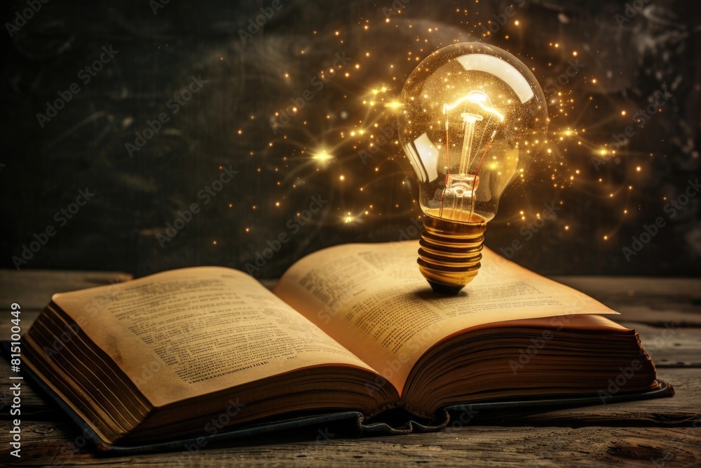 Poster an open book with a light bulb on top. great for educational and creative concepts