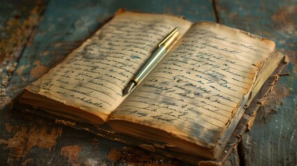 Obraz premium Vintage Notebooks Rich Creative History Unfolded on Weathered Wood