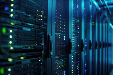 A row of servers in a data center. Suitable for technology concepts