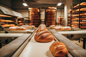 Busy bakery with conveyor belts of fresh bread and pastries, warm and efficient atmosphere