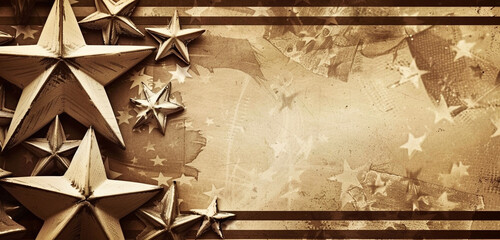 Sepia-tone stars and old photo stripes create a vintage photography Memorial Day banner, offering a nostalgic patriotic theme.