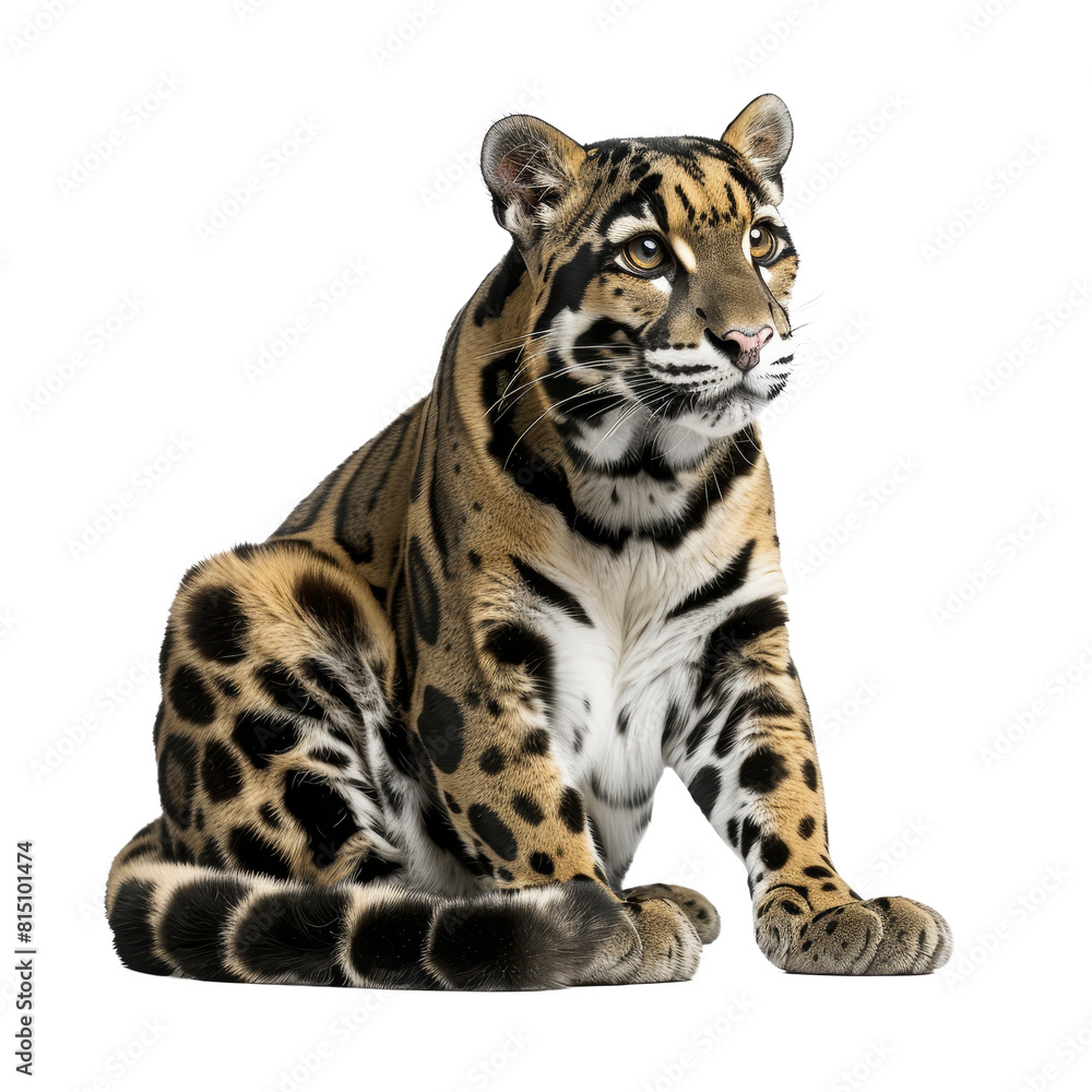 Poster a leopard sits calmly in front of a png background, a clouded leopard isolated on transparent backgr