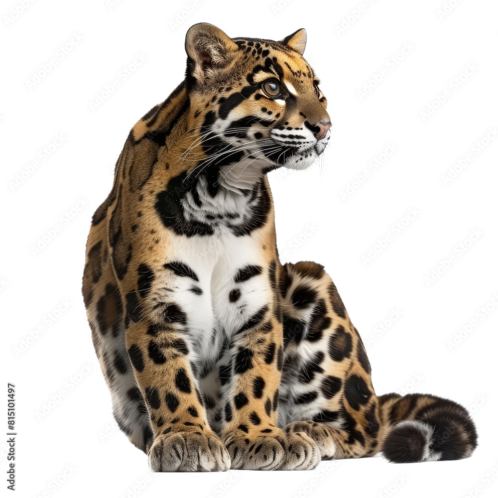 Poster a leopard sitting in front of a white backdrop, a clouded leopard isolated on transparent background
