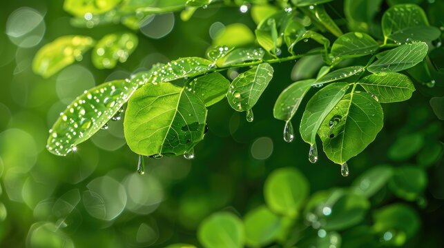 Dew on backlit moringa leaves with a blurred backdrop