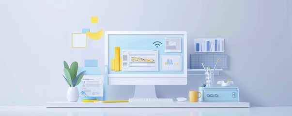 Modern office workspace with computer showing data analytics on screen. 3D illustration with minimalist style