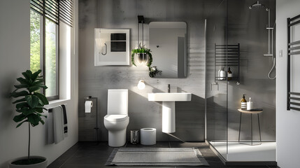 Chic Monochromatic WC Featuring Modern Amenities Bathed in Natural Light