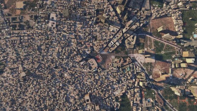 Top aerial view of Jemaa el-Fnaa in Marrakesh city. Morocco