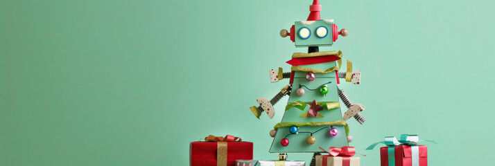 Creative Christmas Robot Tree with Decorated Gifts on Mint Green Background