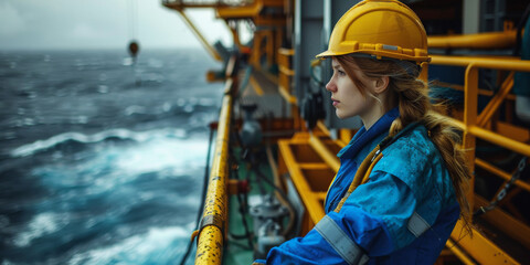 Female Offshore Engineer Working on an Oil Rig in Stormy Weather