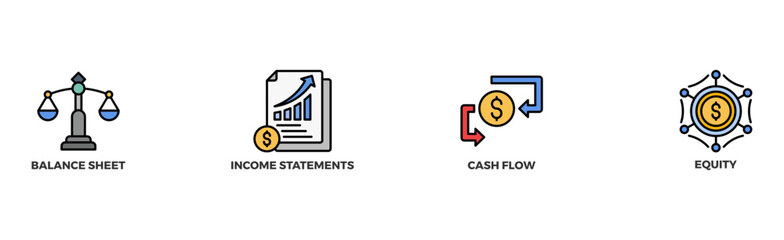 Financial statements banner web icon illustration concept with icon of graph, balance sheet, pie chart, income statements, money, calculator, income, earning, cash flow, equity, and balance