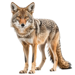 A coyote stands confidently in front of a plain Png background, a coyote isolated on transparent background