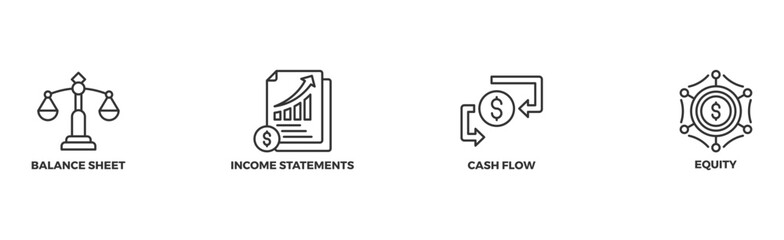 Financial statements banner web icon illustration concept with icon of graph, balance sheet, pie chart, income statements, money, calculator, income, earning, cash flow, equity, and balance