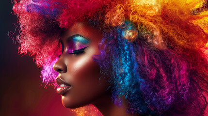 Beauty portrait of African American girl with colorful dyed afro hair. Beautiful black woman. Cosmetics, makeup and fashion.
