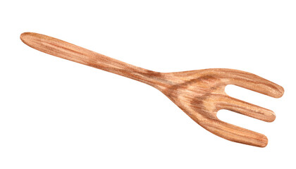 Wooden kitchen fork. Spatula for cooking. Textured utensil with long handle. Kitchenware for stirring salads, food. Watercolor illustration. Wood element for food menu, cookbook design