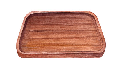 Wood tray for carrying food and serving breakfast. Brown texture. Natural eco friendly board. Empty plate for fruit or snack. Utensil made of walnut or beech. Watercolor illustration for design