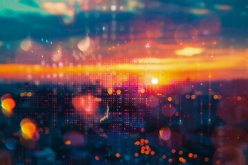 Fototapeta premium Digital Abstract Cityscape with Bokeh Lights and Sunset Reflections